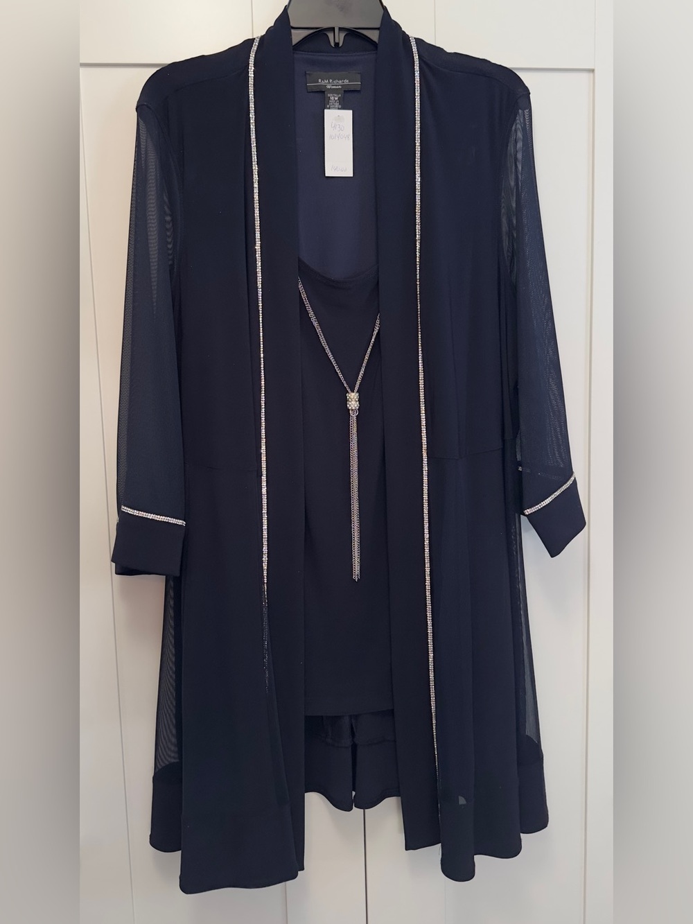 Navy Blue Chiffon Jacket, Blouse W/Rhinestone Edge and Necklace Sz 16W NEW!
